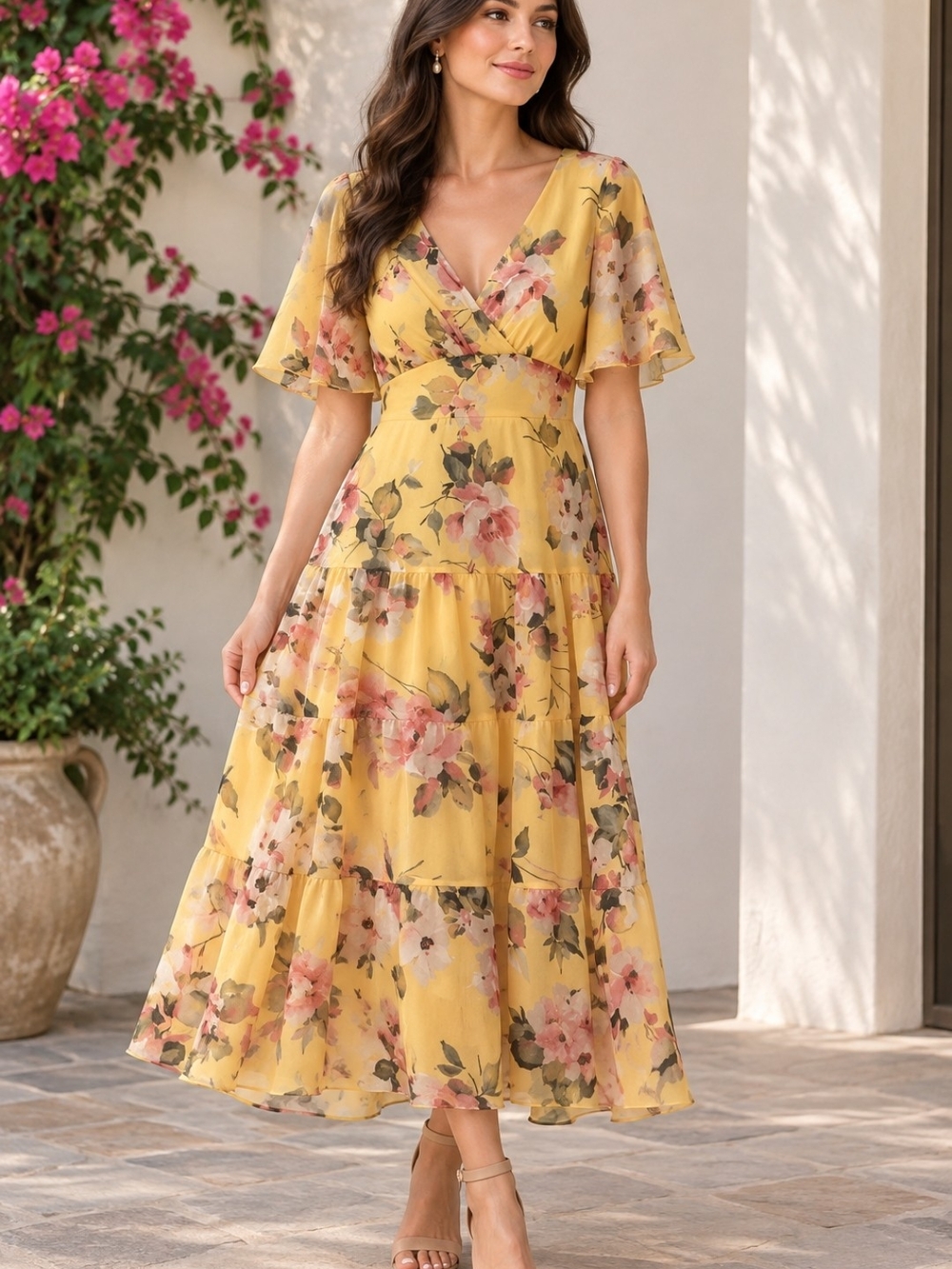 New With Tags connected apparel Yellow Floral Wrap Maxi Dress